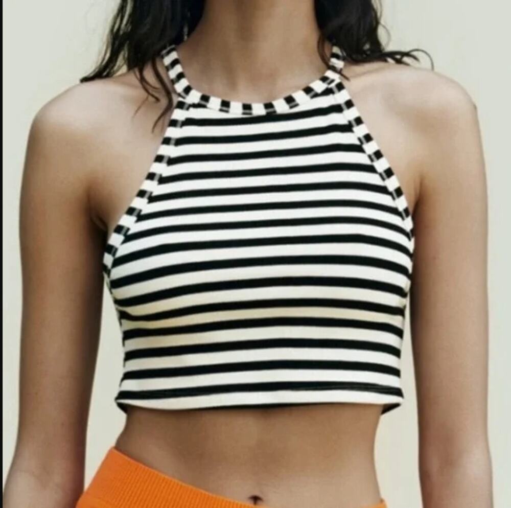 NWT ZARA Ribbed Minimalist Halter Black & White Striped Tank Top Womens Sz M